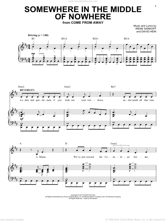 Somewhere In The Middle Of Nowhere (38 Planes Reprise) (from Come from Away) sheet music for voice and piano by Irene Sankoff, David Hein and Irene Sankoff & David Hein, intermediate skill level