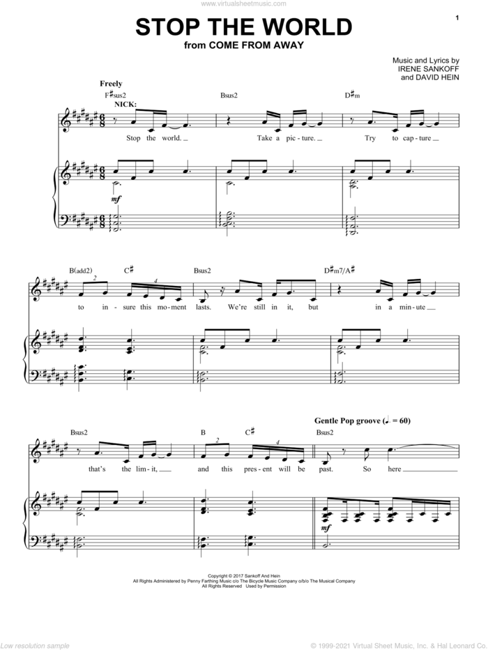 Stop The World (from Come from Away) sheet music for voice and piano by Irene Sankoff, David Hein and Irene Sankoff & David Hein, intermediate skill level
