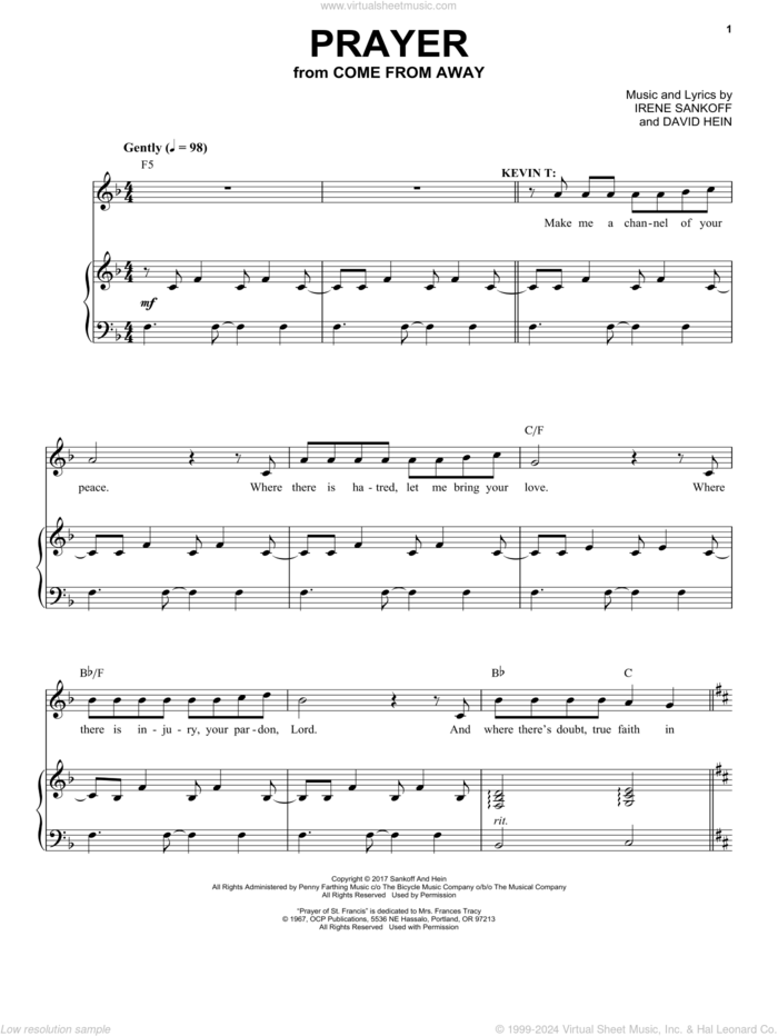 Prayer (from Come from Away) sheet music for voice and piano by Irene Sankoff, David Hein and Irene Sankoff & David Hein, intermediate skill level