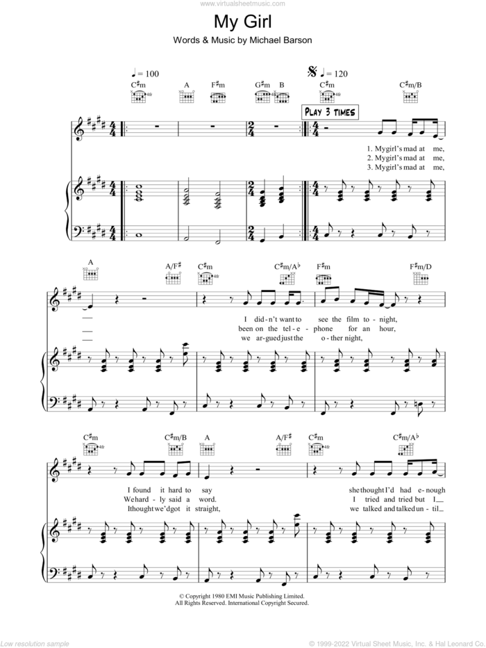 My Girl sheet music for voice, piano or guitar by Madness and Michael Barson, intermediate skill level