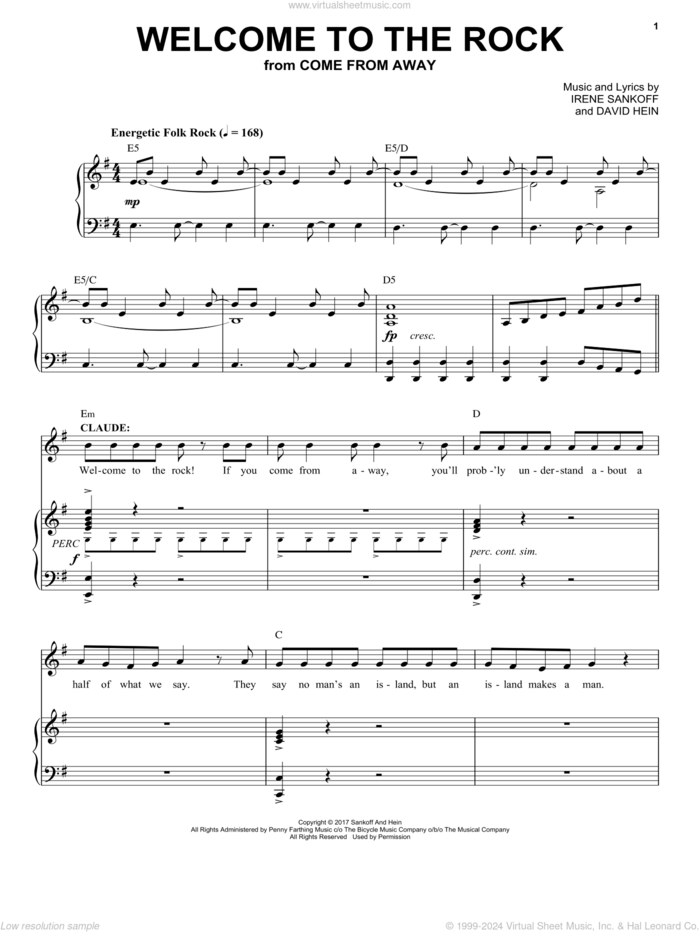 Welcome To The Rock (from Come from Away) sheet music for voice and piano by Irene Sankoff, David Hein and Irene Sankoff & David Hein, intermediate skill level