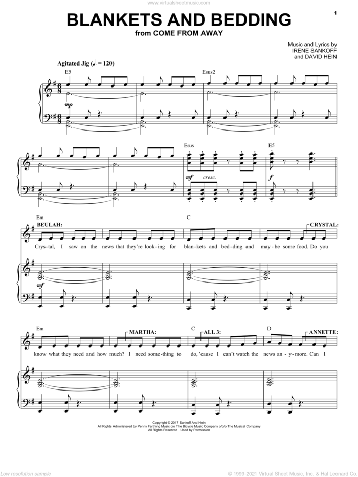 Blankets And Bedding (from Come from Away) sheet music for voice and piano by Irene Sankoff, David Hein and Irene Sankoff & David Hein, intermediate skill level