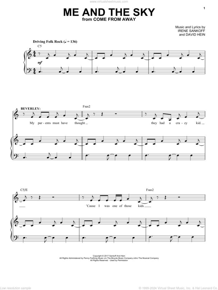 Me And The Sky (from Come from Away) sheet music for voice and piano by Irene Sankoff, David Hein and Irene Sankoff & David Hein, intermediate skill level