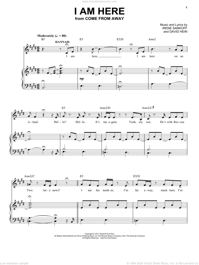 I Am Here (from Come from Away) sheet music for voice and piano by Irene Sankoff, David Hein and Irene Sankoff & David Hein, intermediate skill level