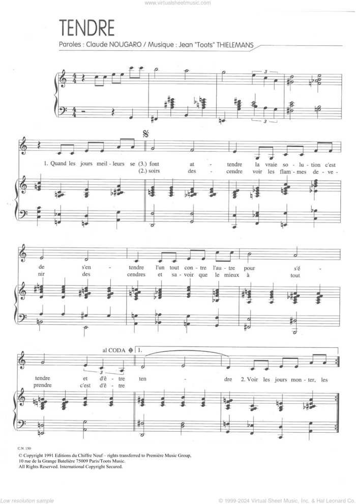 Tendre sheet music for voice and piano by Claude Nougaro and Jean Thielemans, intermediate skill level