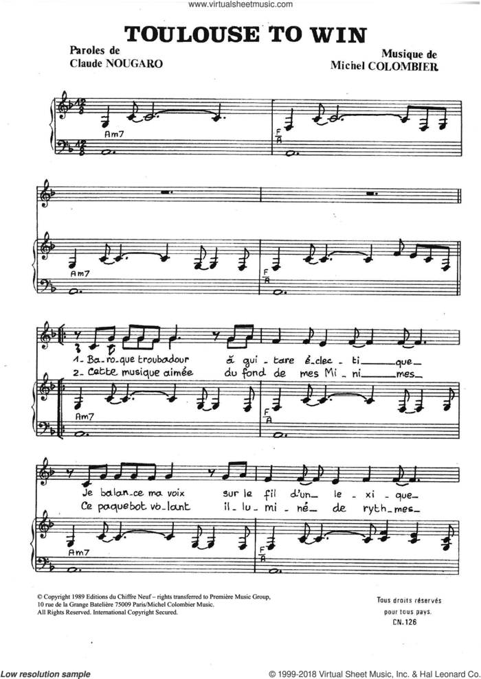Toulouse To Win sheet music for voice and piano by Claude Nougaro, intermediate skill level
