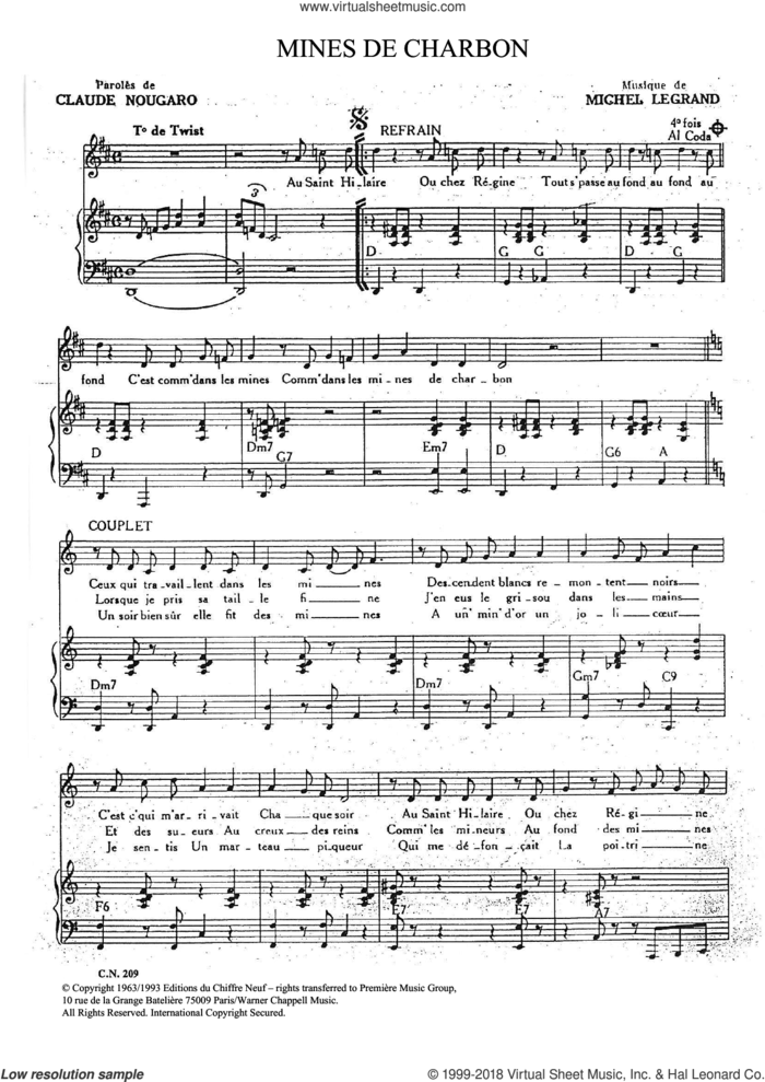 Mines De Charbon sheet music for voice and piano by Claude Nougaro and Michel LeGrand, intermediate skill level