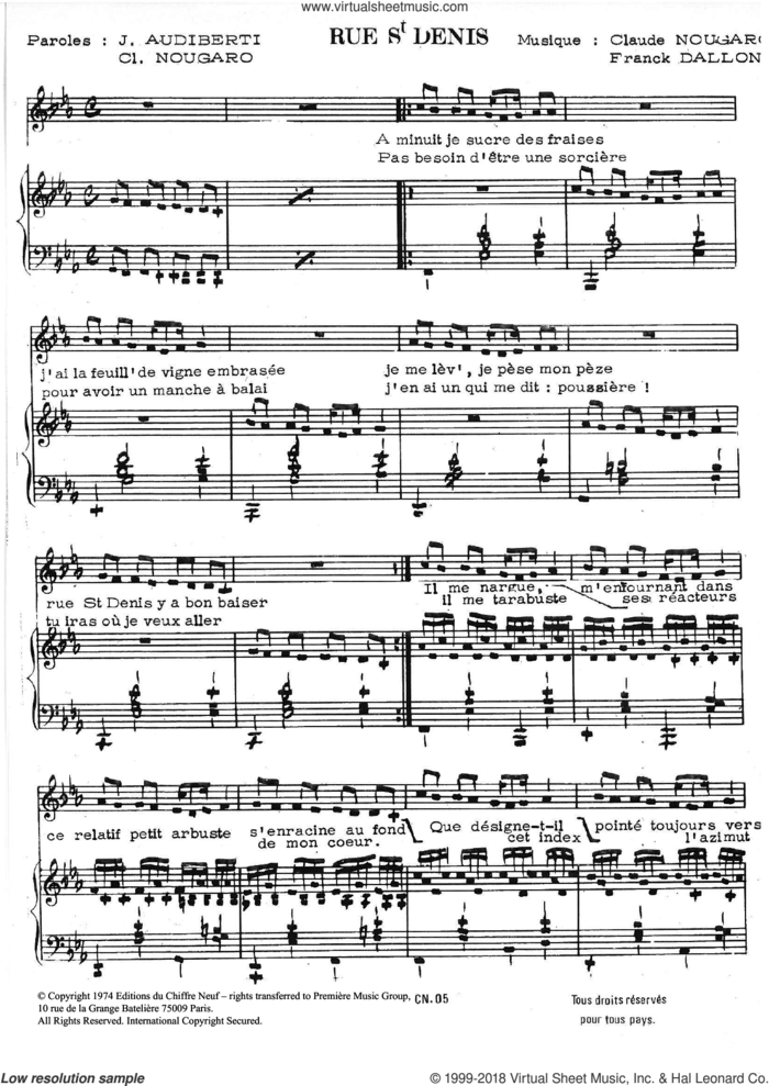 Rue Saint Denis sheet music for voice and piano by Claude Nougaro and Maurice Vanderschueren, intermediate skill level