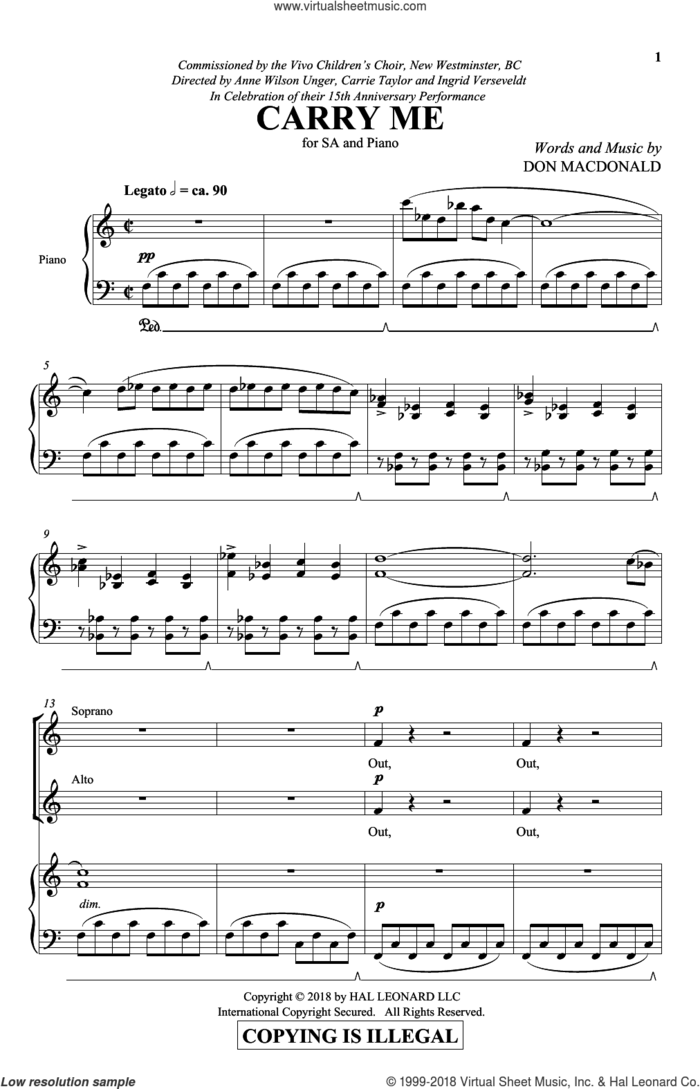 Carry Me sheet music for choir (2-Part) by Don MacDonald, intermediate duet