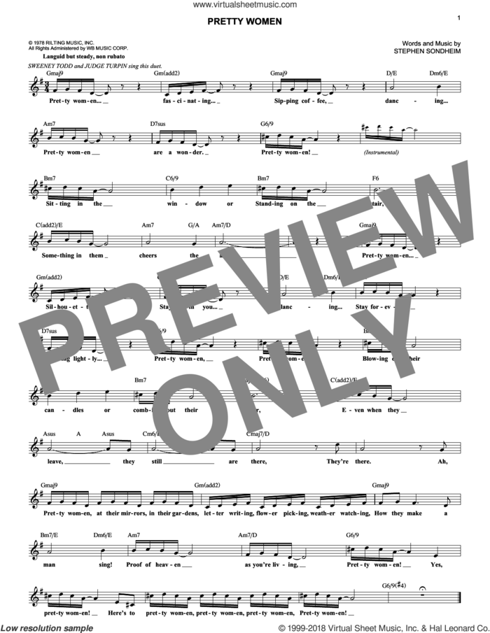 Pretty Women sheet music for voice and other instruments (fake book) by Stephen Sondheim, intermediate skill level