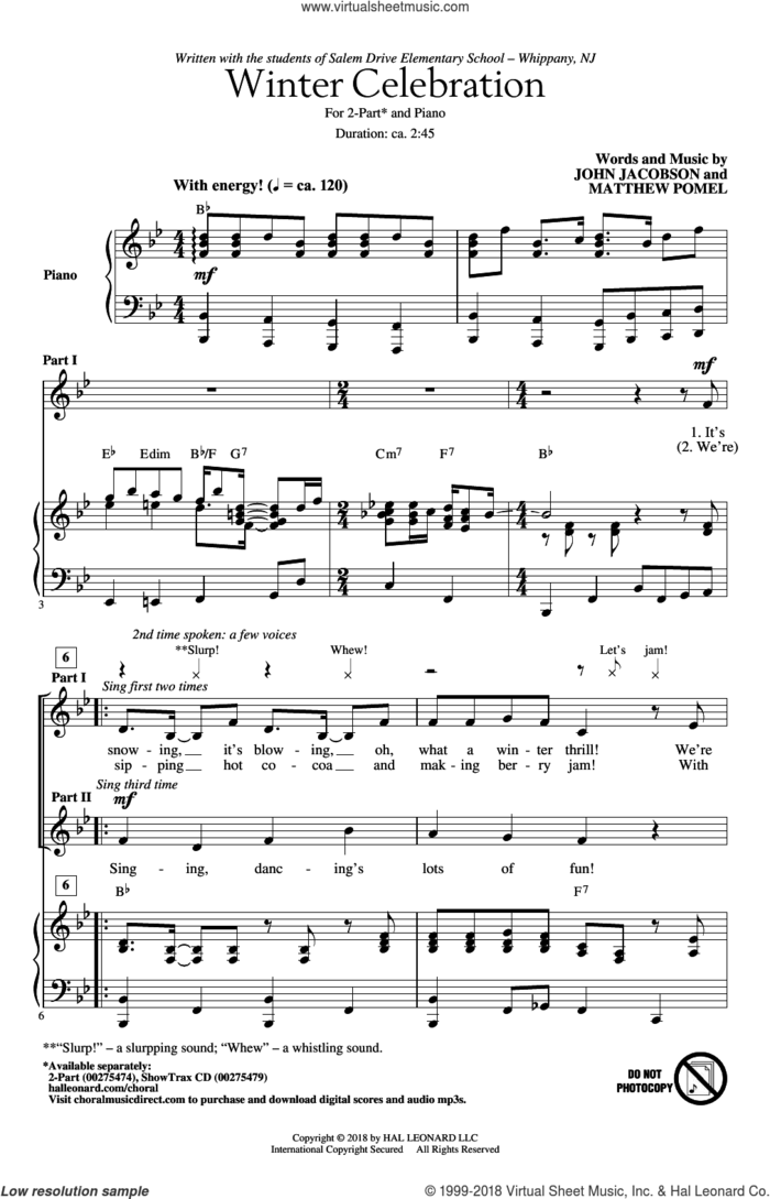 Winter Celebration sheet music for choir (2-Part) by John Jacobson and Matthew Pomel, intermediate duet