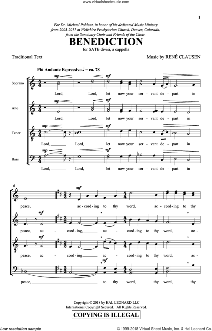 Benediction sheet music for choir (SATB: soprano, alto, tenor, bass) by René Clausen and Rene Clausen, intermediate skill level