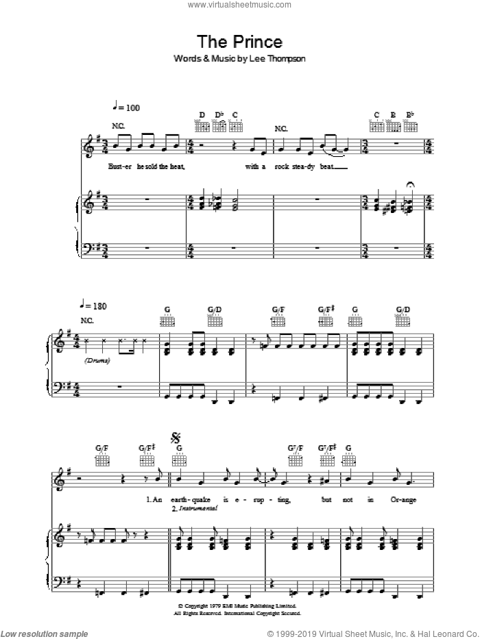 The Prince sheet music for voice, piano or guitar by Madness and Lee Thompson, intermediate skill level