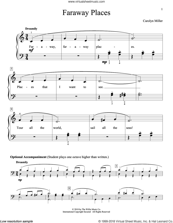 Faraway Places sheet music for piano solo (elementary) by Carolyn Miller, beginner piano (elementary)