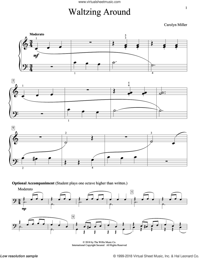 Waltzing Around sheet music for piano solo (elementary) by Carolyn Miller, beginner piano (elementary)