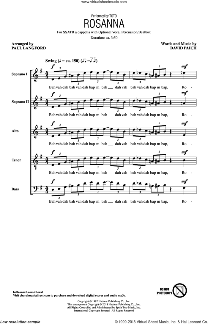 Rosanna (arr. Paul Langford) sheet music for choir (SATB: soprano, alto, tenor, bass) by Paul Langford, Toto and David Paich, intermediate skill level