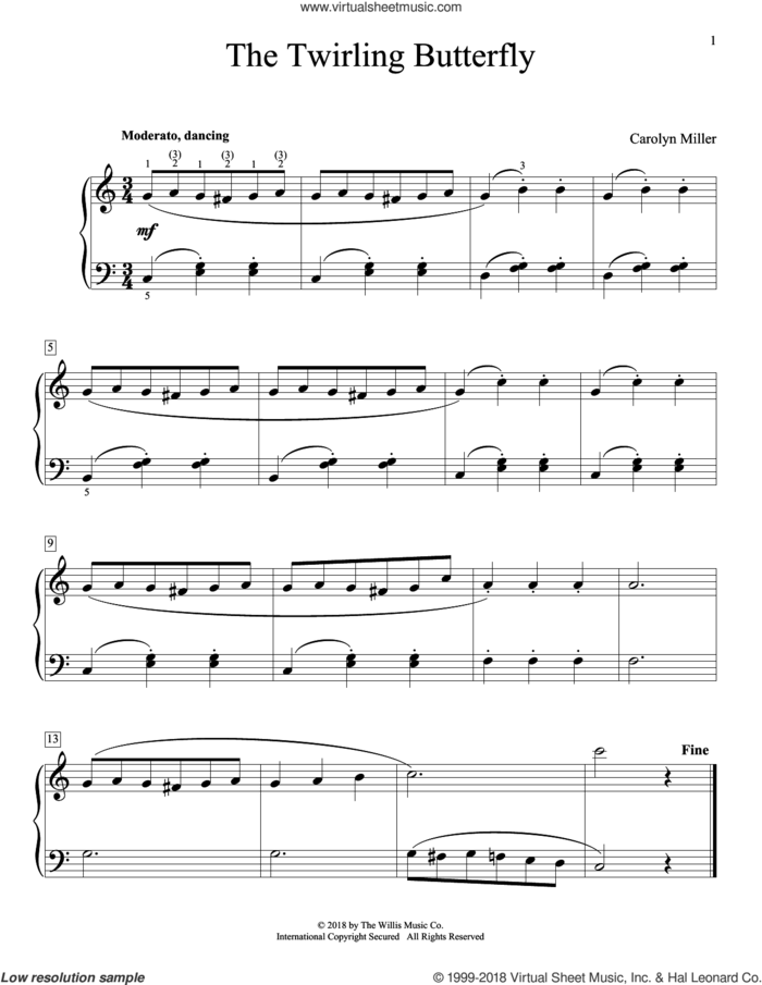 The Twirling Butterfly sheet music for piano solo (elementary) by Carolyn Miller, beginner piano (elementary)