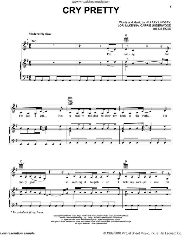 Cry Pretty sheet music for voice, piano or guitar by Carrie Underwood, Hillary Lindsey, Liz Rose and Lori McKenna, intermediate skill level