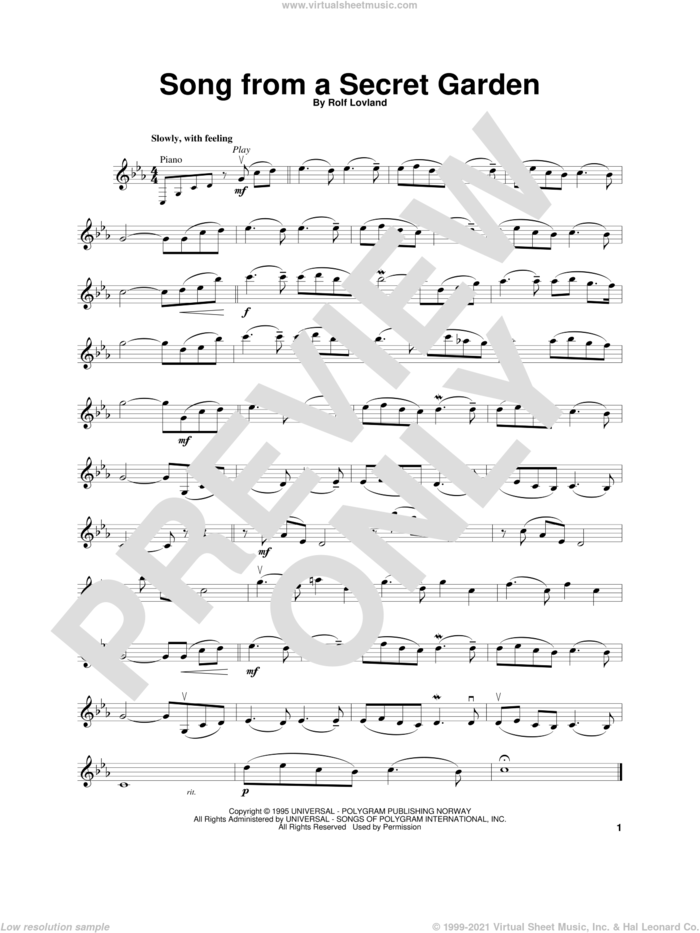 Song From A Secret Garden sheet music for violin solo by Secret Garden, Rolf LAuvland and Rolf Lovland, intermediate skill level