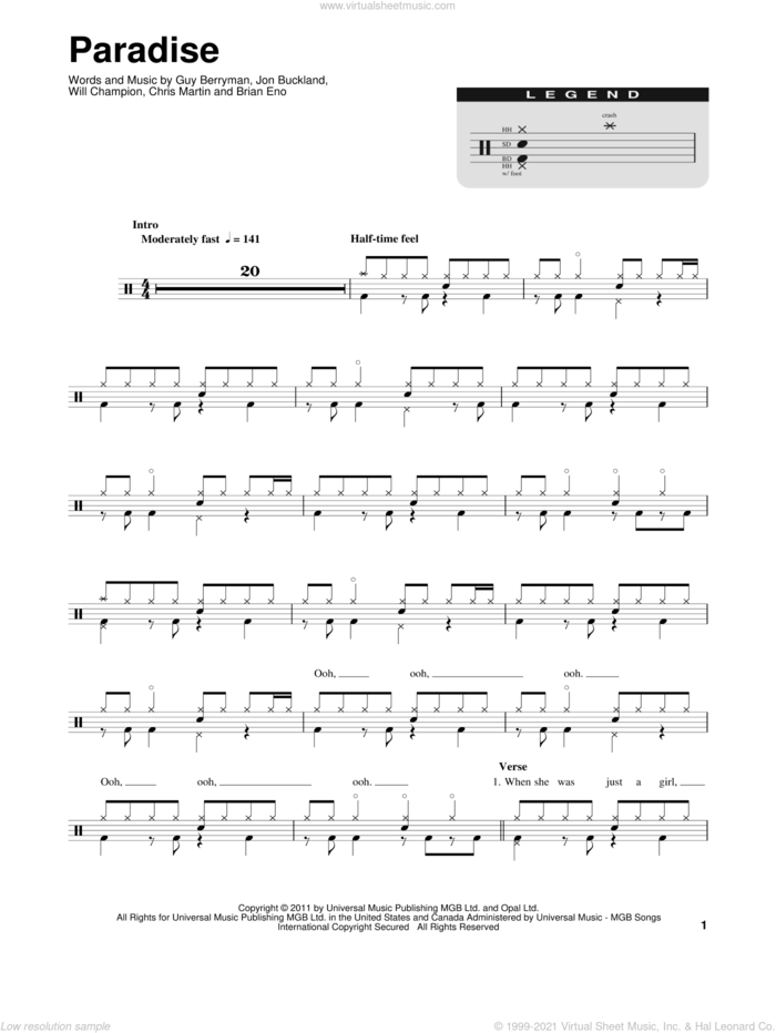 Paradise sheet music for drums by Guy Berryman, Coldplay, Brian Eno, Chris Martin, Jon Buckland and Will Champion, intermediate skill level