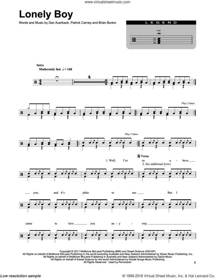 Lonely Boy sheet music for drums by The Black Keys, Brian Burton, Daniel Auerbach and Patrick Carney, intermediate skill level