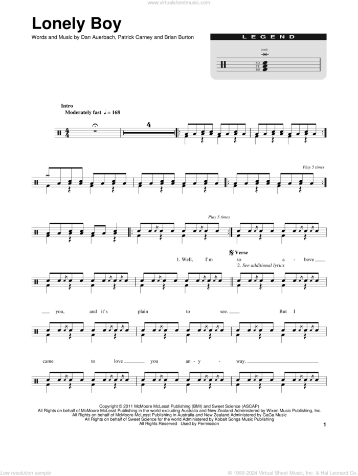 Lonely Boy sheet music for drums by The Black Keys, Brian Burton, Daniel Auerbach and Patrick Carney, intermediate skill level