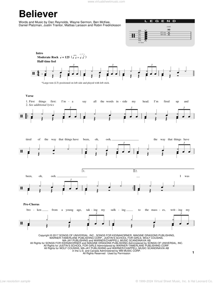 Believer sheet music for drums by Imagine Dragons, Ben McKee, Dan Reynolds, Daniel Platzman, Justin Tranter, Mattias Larsson, Robin Fredriksson and Wayne Sermon, intermediate skill level