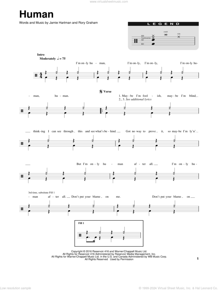 Human sheet music for drums by Rag'n'Bone Man, Jamie Hartman and Rory Graham, intermediate skill level