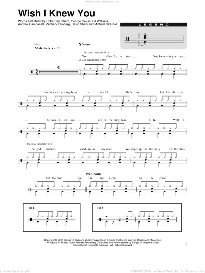 Wish I Knew You sheet music for drums by The Revivalists, Andrew Campanelli, David William Shaw, Ed Williams, George Gekas, Michael Girardot, Rob Ingraham and Zack Feinberg, intermediate skill level