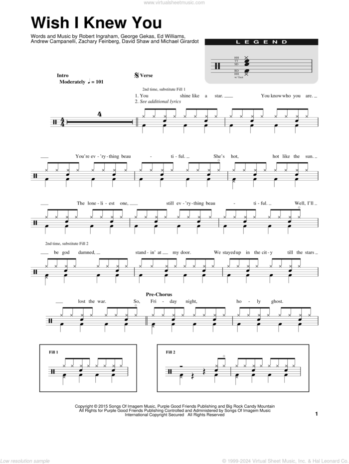 Wish I Knew You sheet music for drums by The Revivalists, Andrew Campanelli, David William Shaw, Ed Williams, George Gekas, Michael Girardot, Rob Ingraham and Zack Feinberg, intermediate skill level