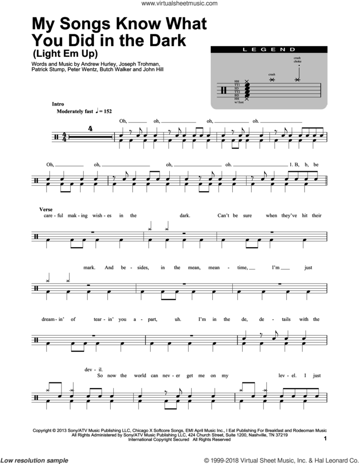 My Songs Know What You Did In The Dark (Light Em Up) sheet music for drums by Fall Out Boy, Andrew Hurley, Butch Walker, John Hill, Joseph Trohman, Patrick Stump and Peter Wentz, intermediate skill level