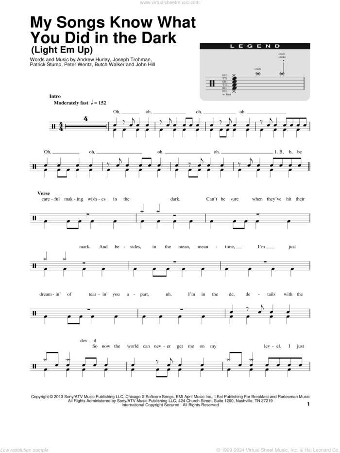 My Songs Know What You Did In The Dark (Light Em Up) sheet music for drums by Fall Out Boy, Andrew Hurley, Butch Walker, John Hill, Joseph Trohman, Patrick Stump and Peter Wentz, intermediate skill level