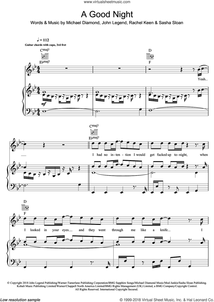 A Good Night (featuring BloodPop) sheet music for voice, piano or guitar by John Legend featuring BloodPop, BloodPop, John Legend, Michael Diamond, Rachel Keen and Sasha Sloan, intermediate skill level