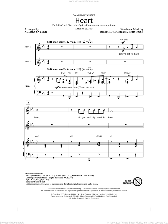 Heart sheet music for choir (2-Part) by Richard Adler, Audrey Snyder and Jerry Ross, intermediate duet