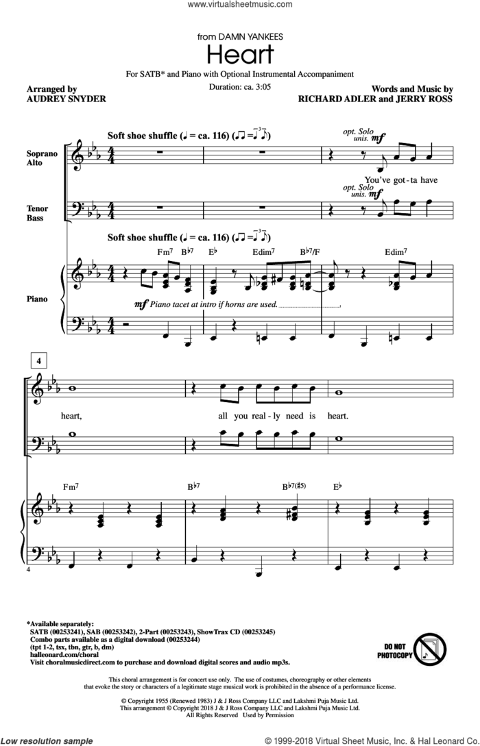 Heart sheet music for choir (SATB: soprano, alto, tenor, bass) by Richard Adler, Audrey Snyder and Jerry Ross, intermediate skill level