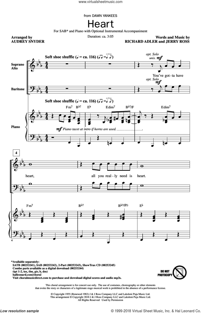 Heart sheet music for choir (SAB: soprano, alto, bass) by Richard Adler, Audrey Snyder and Jerry Ross, intermediate skill level