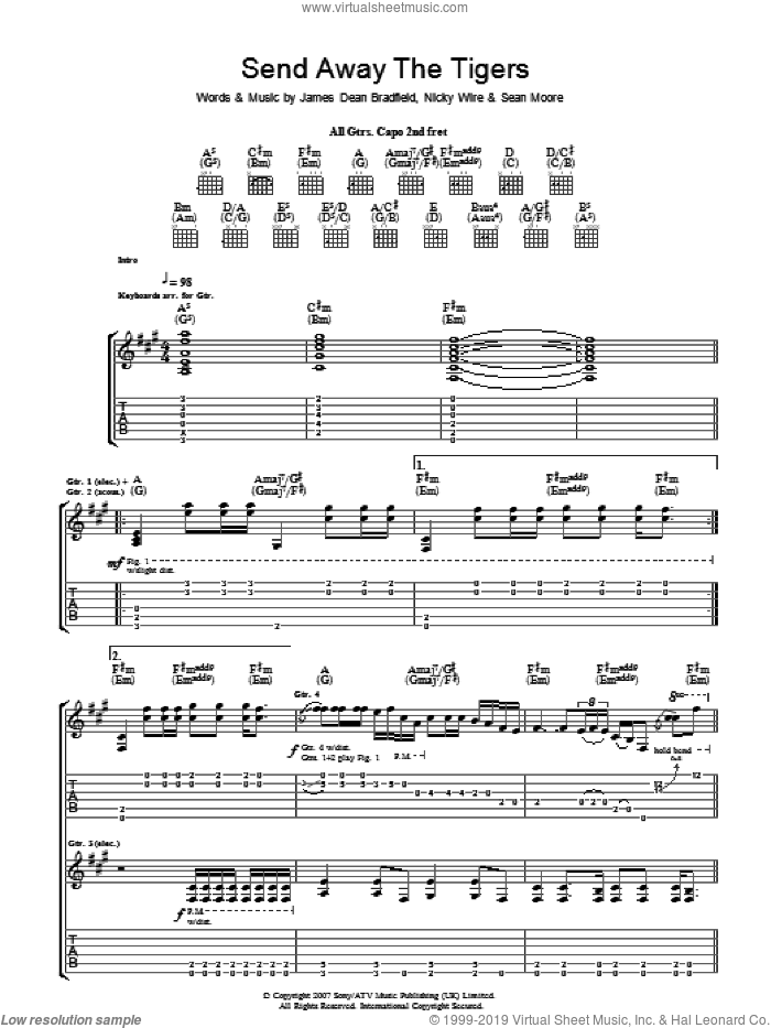 Send Away The Tigers sheet music for guitar (tablature) by Manic Street Preachers, James Dean Bradfield, Nicky Wire and Sean Moore, intermediate skill level
