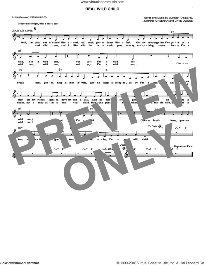 Real Wild Child sheet music for voice and other instruments (fake book) by Johnny O'Keefe, Buddy Holly, Iggy Pop, Dave Owens and Johnny Greenan, intermediate skill level