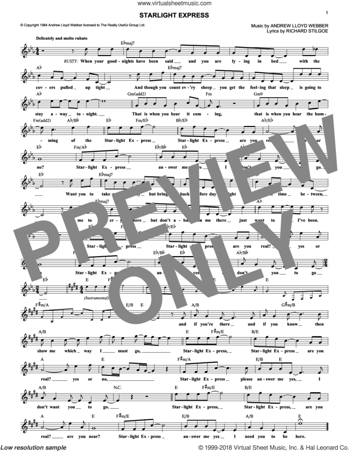 Starlight Express sheet music for voice and other instruments (fake book) by Andrew Lloyd Webber and Richard Stilgoe, intermediate skill level