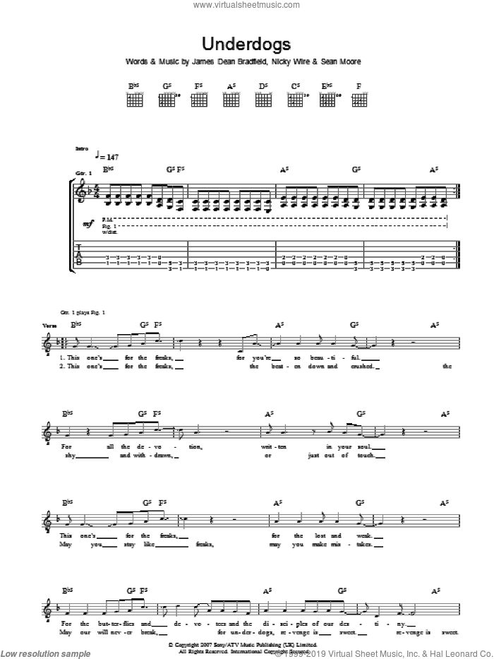 Underdogs sheet music for guitar (tablature) by Manic Street Preachers, James Dean Bradfield, Nicky Wire and Sean Moore, intermediate skill level