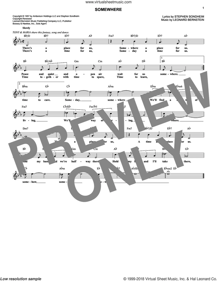 Somewhere (from West Side Story) sheet music for voice and other instruments (fake book) by Stephen Sondheim and Leonard Bernstein, intermediate skill level