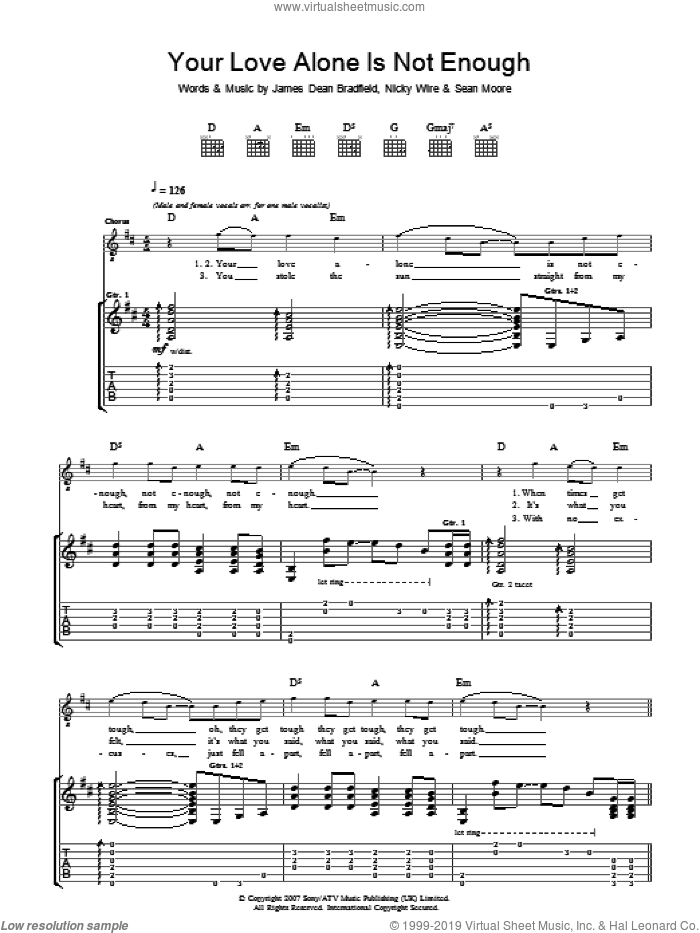 Your Love Alone Is Not Enough sheet music for guitar (tablature) by Manic Street Preachers, James Dean Bradfield, Nicky Wire and Sean Moore, intermediate skill level