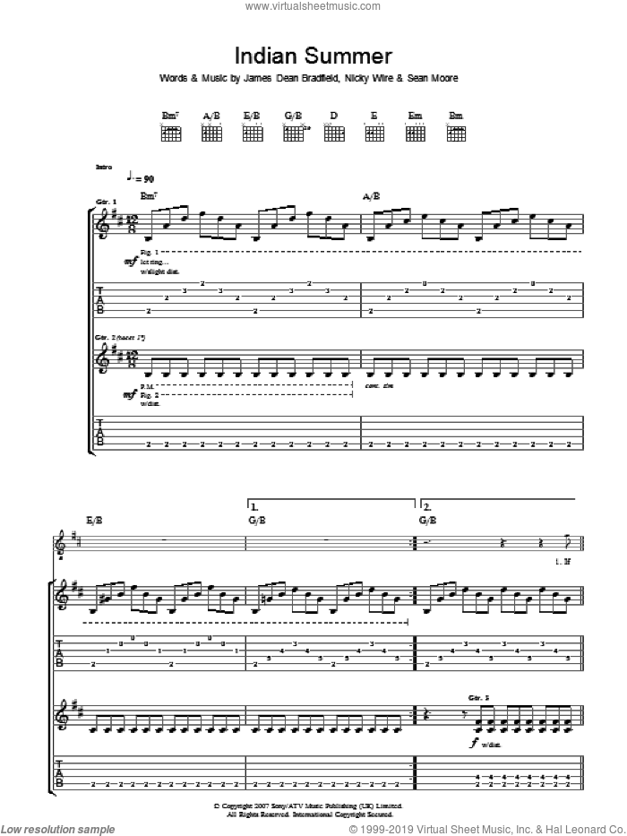 Indian Summer sheet music for guitar (tablature) by Manic Street Preachers, James Dean Bradfield, Nicky Wire and Sean Moore, intermediate skill level