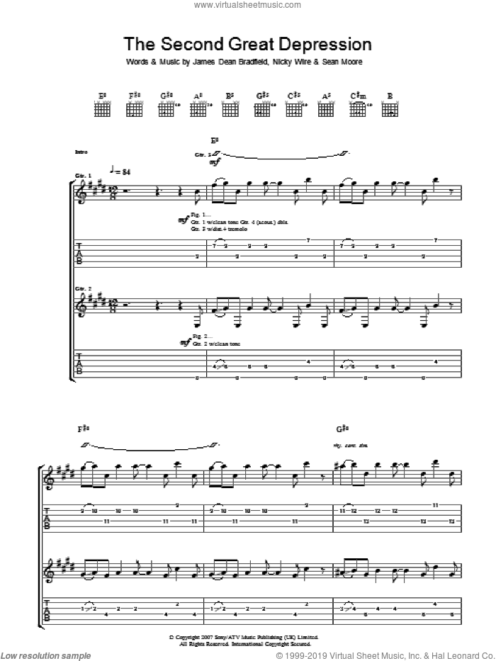 The Second Great Depression sheet music for guitar (tablature) by Manic Street Preachers, James Dean Bradfield, Nicky Wire and Sean Moore, intermediate skill level