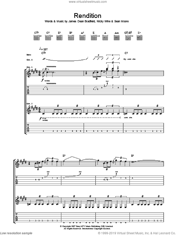 Rendition sheet music for guitar (tablature) by Manic Street Preachers, James Dean Bradfield, Nicky Wire and Sean Moore, intermediate skill level