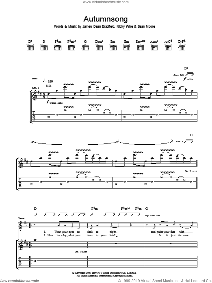 Autumnsong sheet music for guitar (tablature) by Manic Street Preachers, James Dean Bradfield, Nicky Wire and Sean Moore, intermediate skill level