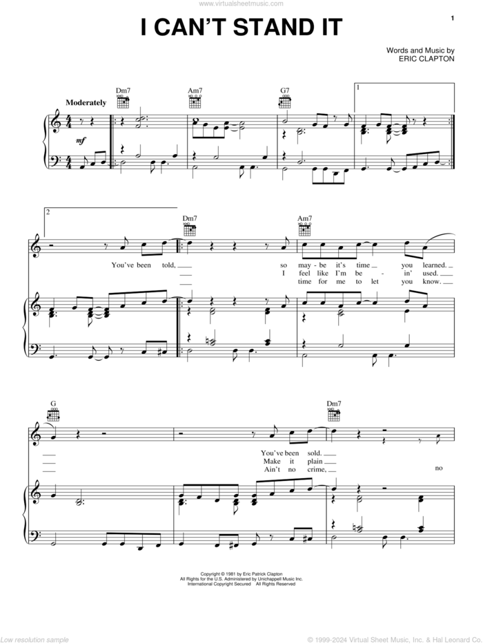 I Can't Stand It sheet music for voice, piano or guitar by Eric Clapton, intermediate skill level