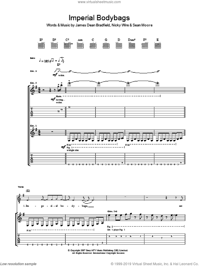 Imperial Bodybags sheet music for guitar (tablature) by Manic Street Preachers, James Dean Bradfield, Nicky Wire and Sean Moore, intermediate skill level