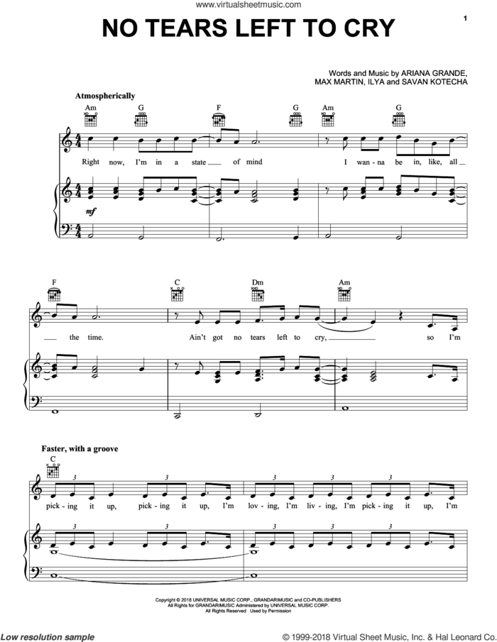 No Tears Left To Cry sheet music for voice, piano or guitar by Ariana Grande, intermediate skill level