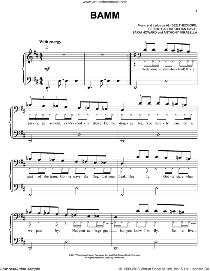 Bamm (from Disney's Zombies) sheet music for piano solo by Sarai Howard, Ali Dee Theodore, Anthony Mirabella, Julian Davis and Sergio Cabral, easy skill level